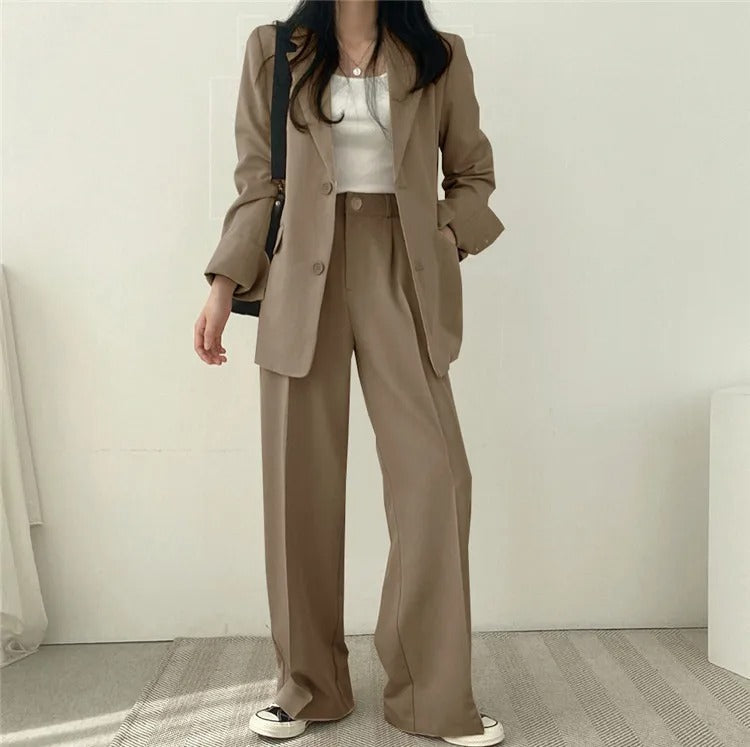 Einfarbiges Blazer- und Gerade geschnittenes Hose-Set für Damen