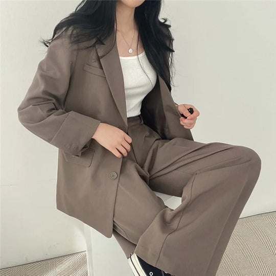 Einfarbiges Blazer- und Gerade geschnittenes Hose-Set für Damen