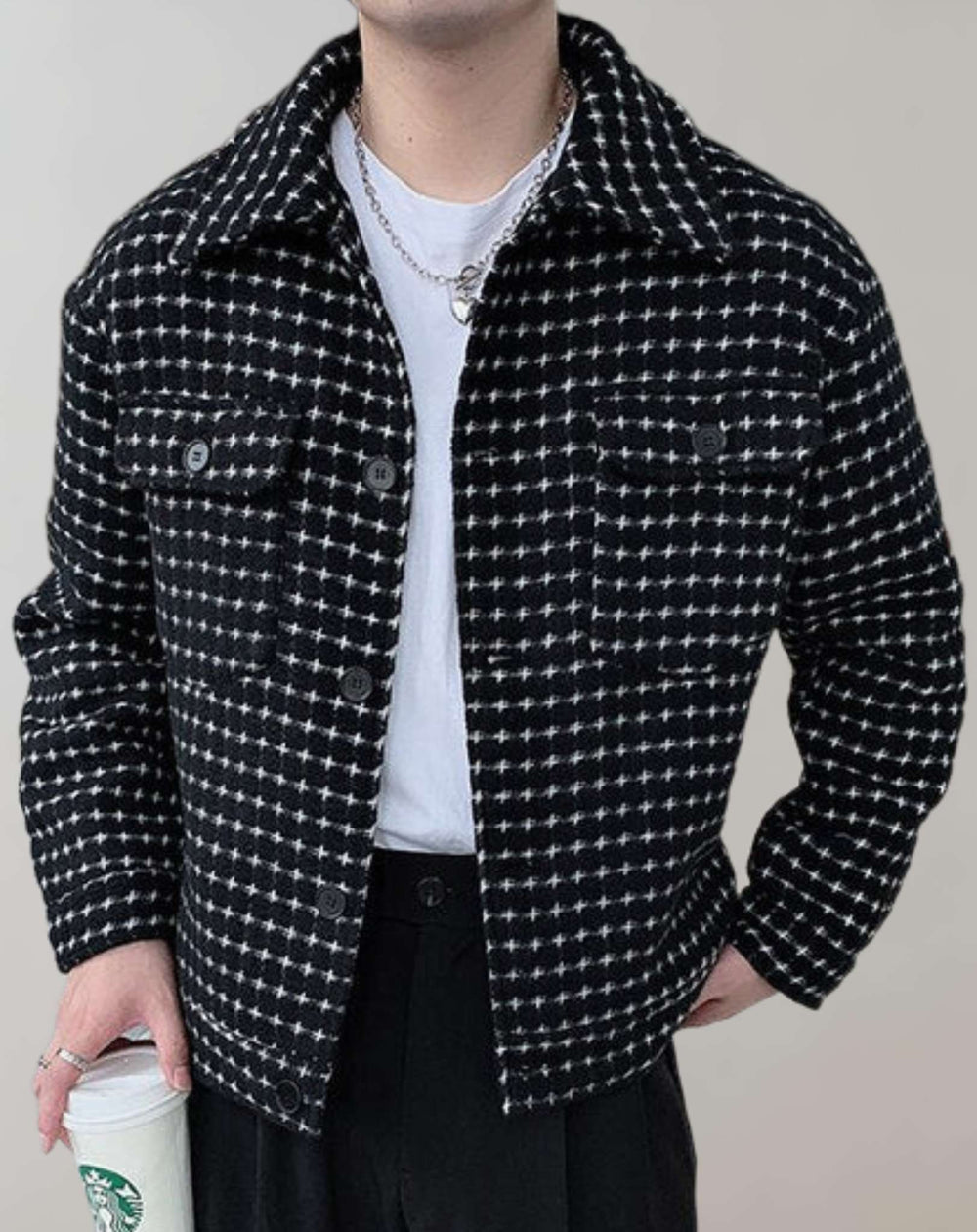 Schwarze Jacke mit weißen Polka Dots und Brusttaschen für Männer