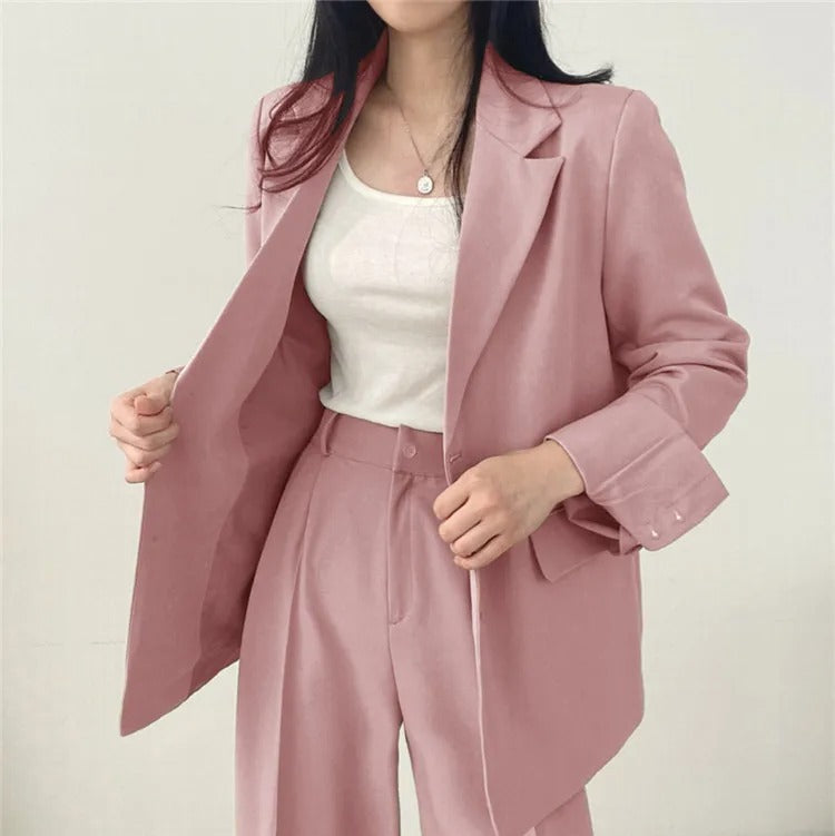 Einfarbiges Blazer- und Gerade geschnittenes Hose-Set für Damen